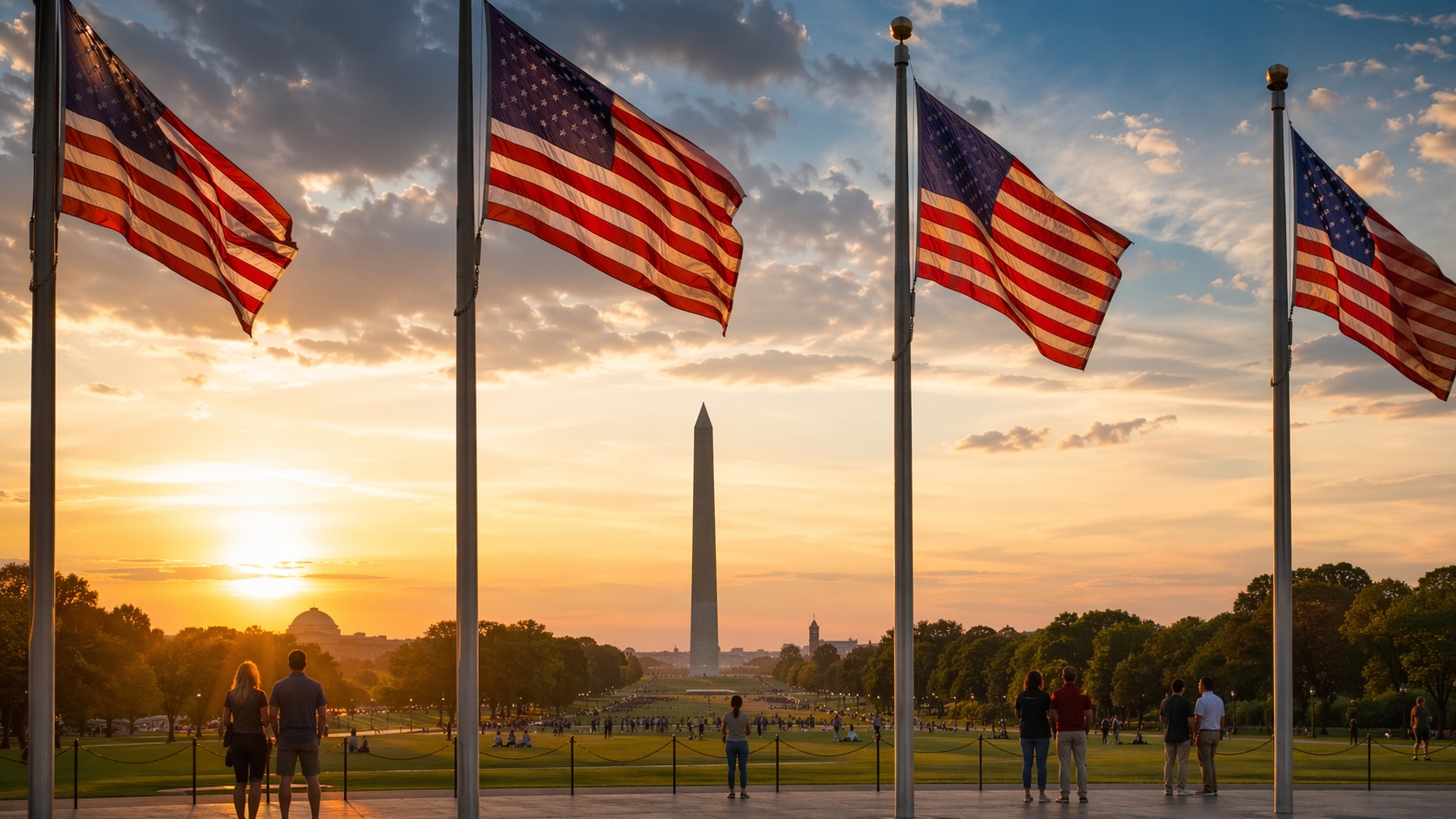 Visitors on the National Mall during Memorial Day Weekend DC 2026 with American flags and the Washington Monument in view