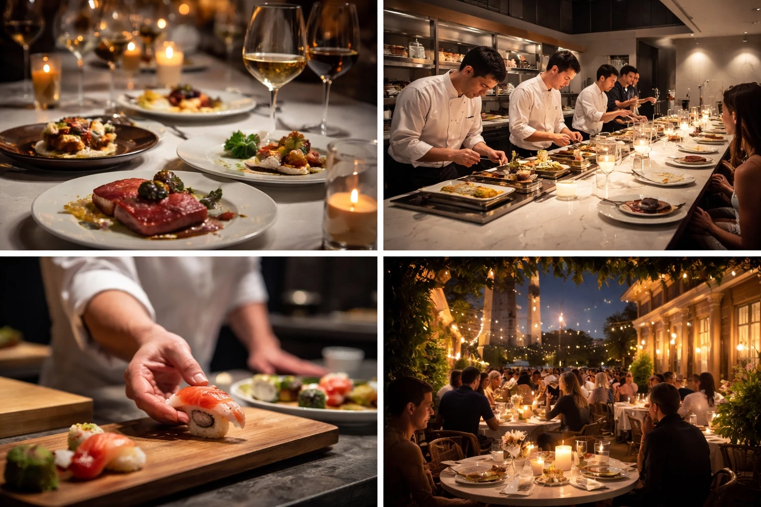 Elegant Michelin star tasting menu presentation in a fine dining restaurant in Washington DC with multiple plated courses and wine glasses