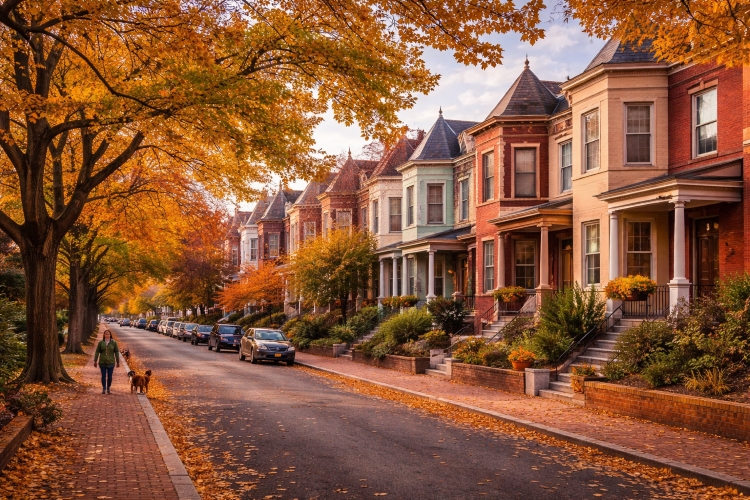 Historic rowhouses in Mount Pleasant Washington DC neighborhood known for its historic architecture and community streets.