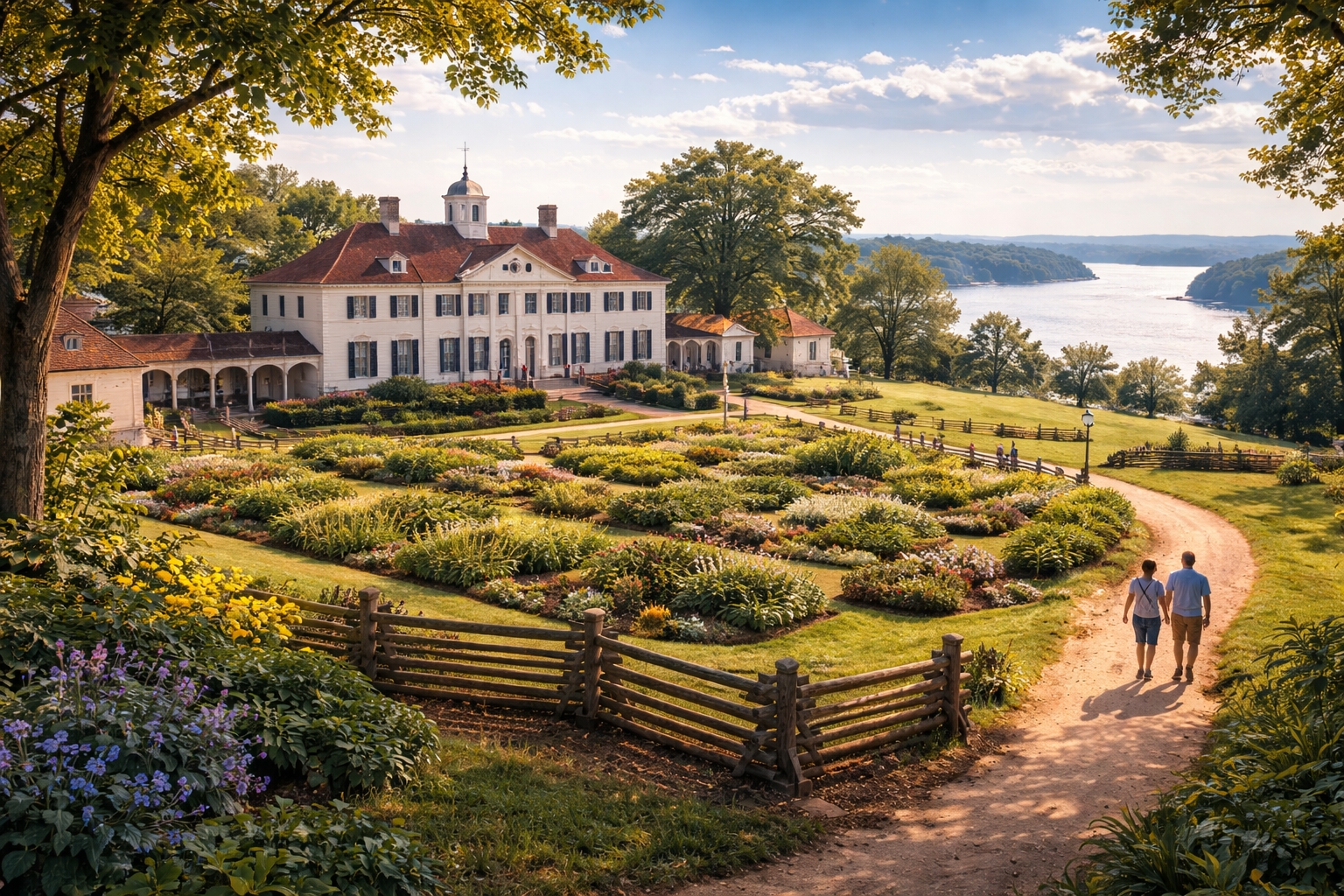 Mount Vernon mansion overlooking the Potomac River with historic gardens and walking trails near Washington DC.