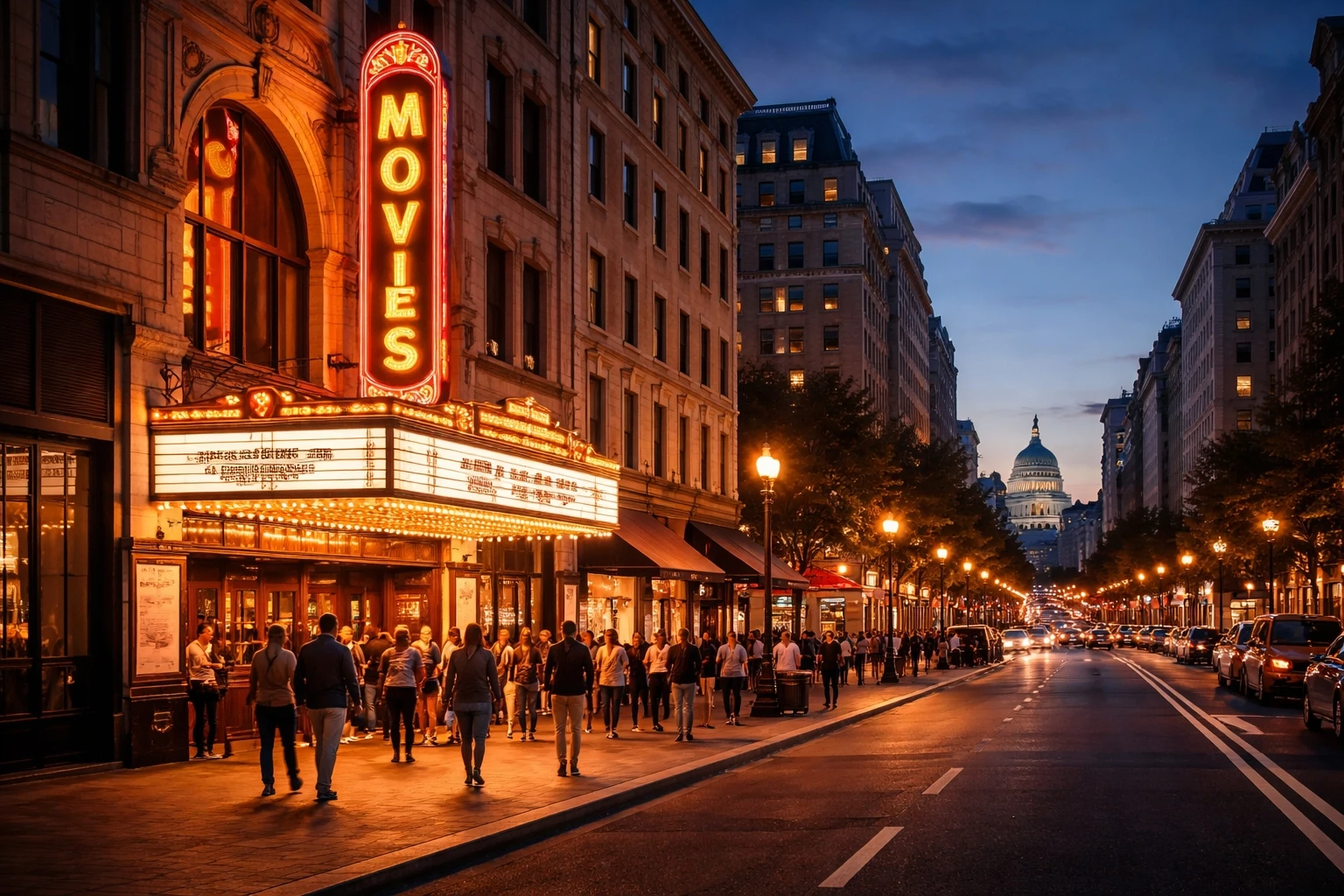 Historic movie theater marquee glowing at night in downtown Washington DC near Pennsylvania Avenue, highlighting the city’s cinema culture and entertainment scene