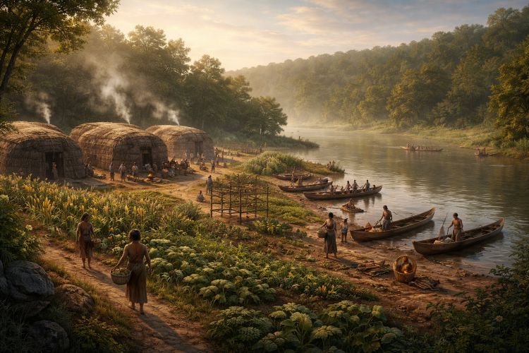 Reconstruction of Nacotchtank Native American village along the Anacostia River before Washington DC existed