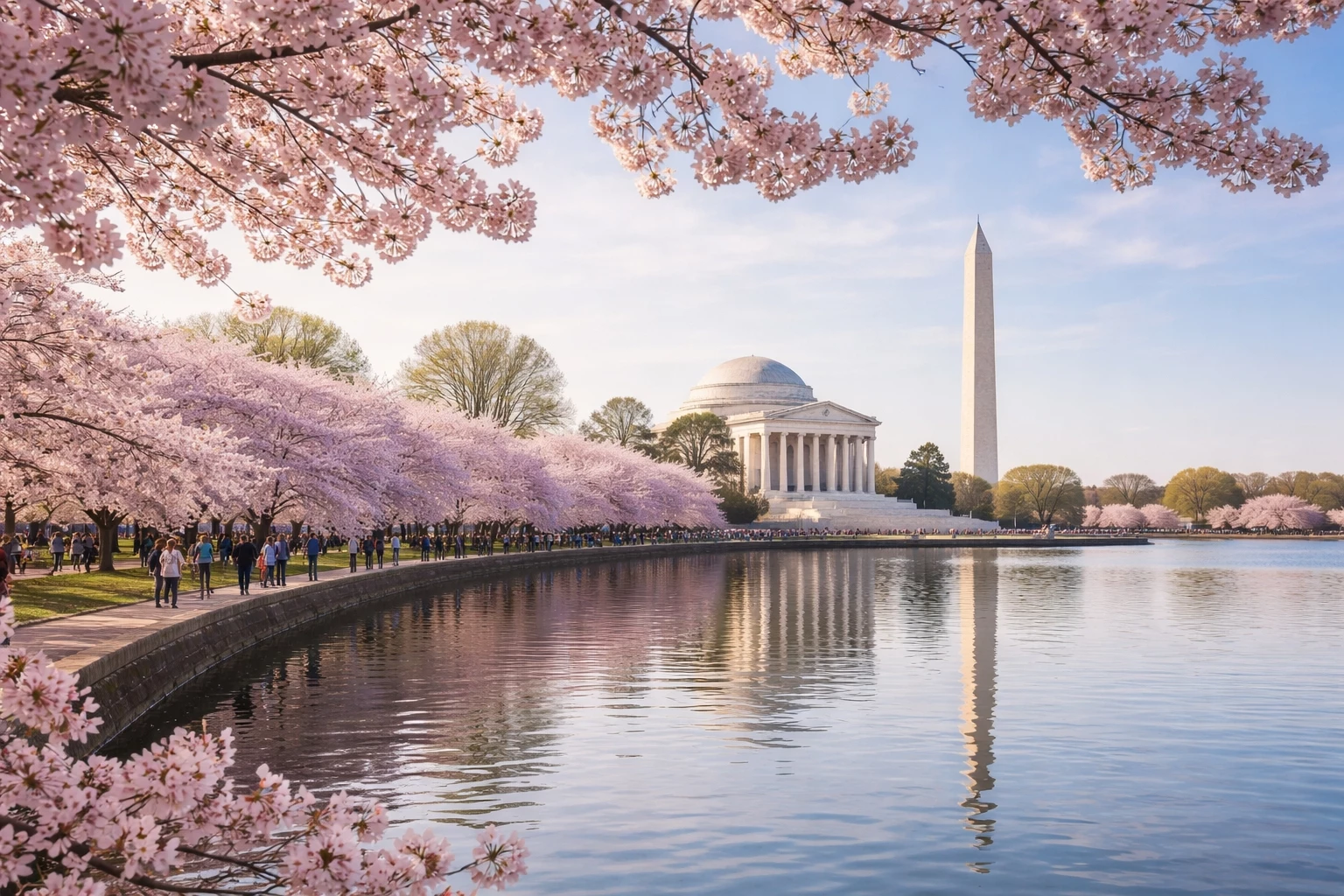 Cherry blossoms along the Tidal Basin in Washington DC during the National Cherry Blossom Festival 2026