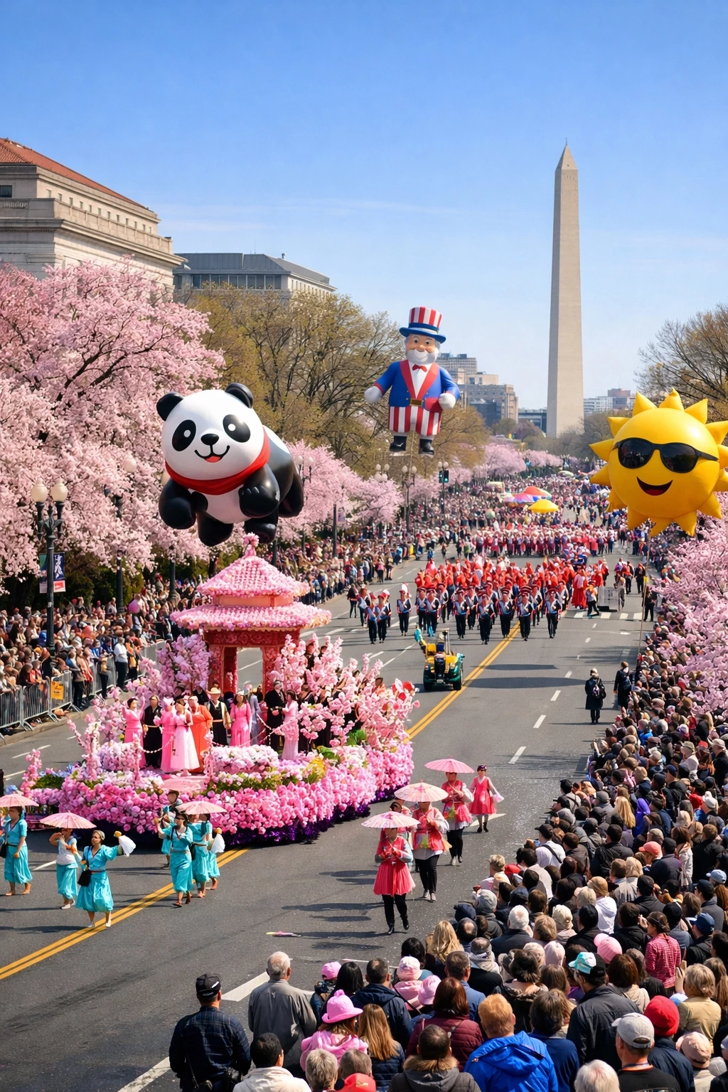National Cherry Blossom Parade in Washington DC with floats, marching bands, and spectators along Constitution Avenue during peak cherry blossom season near the National Mall.