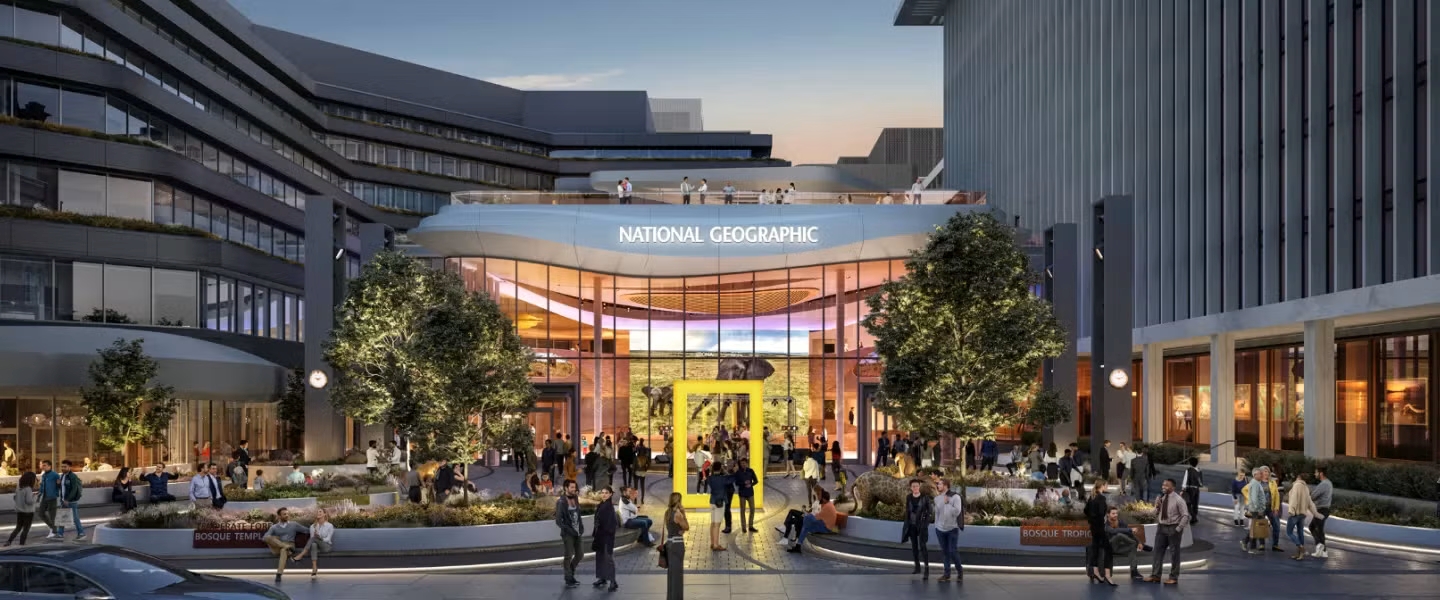 National Geographic Museum of Exploration entrance in Washington DC with iconic yellow border and visitors arriving at the new museum in the Golden Triangle near the White House