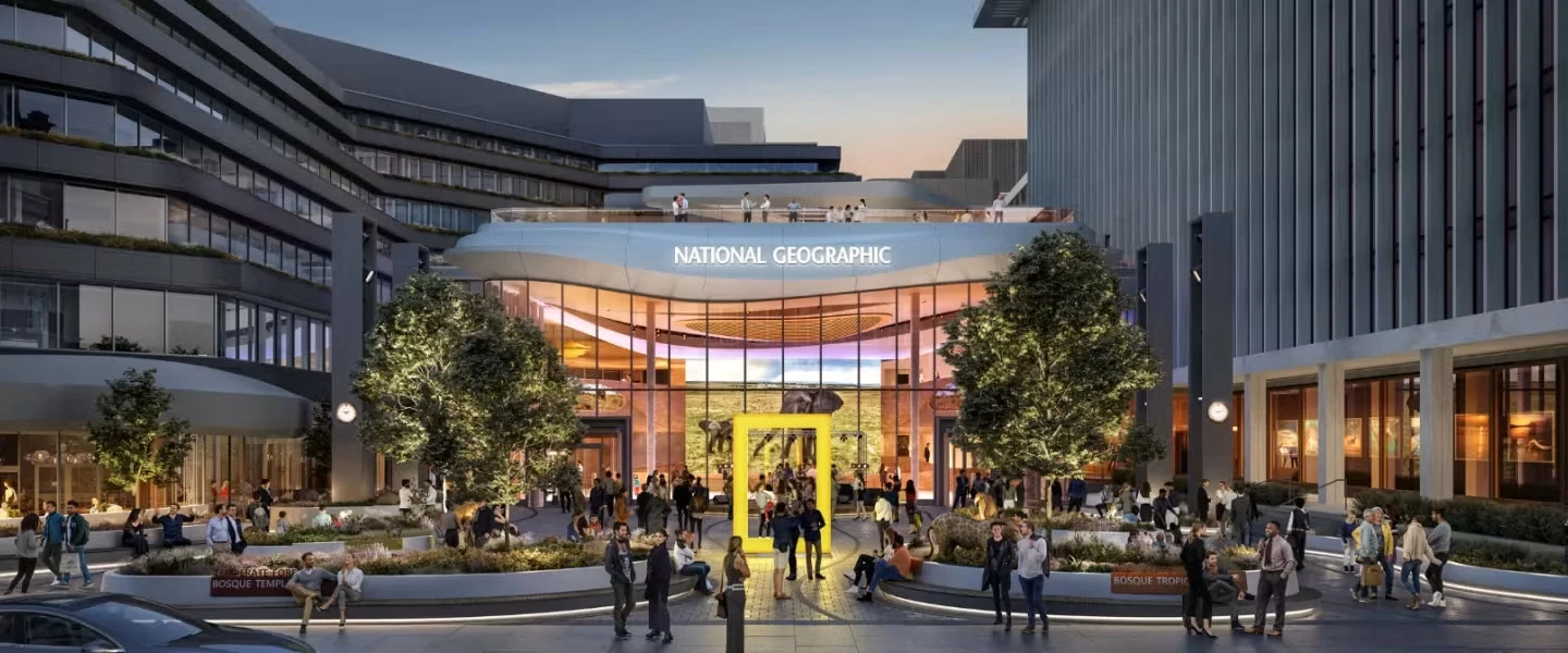 National Geographic Museum of Exploration entrance in Washington DC with iconic yellow border and visitors arriving at the new museum in the Golden Triangle near the White House