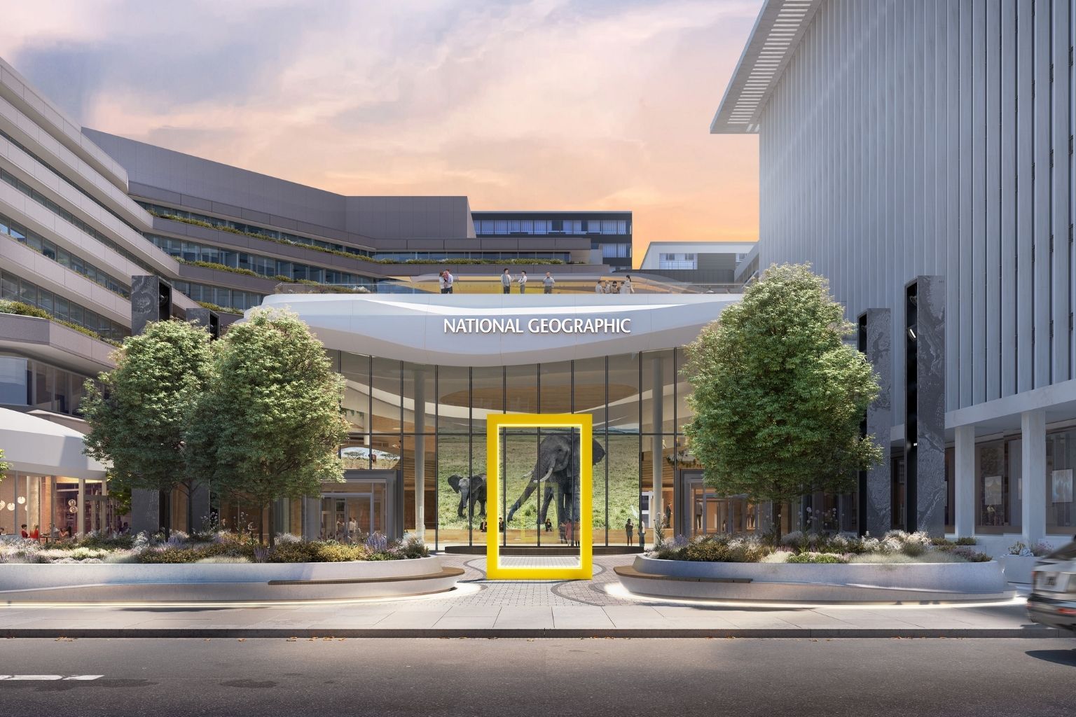 a building with a yellow frame