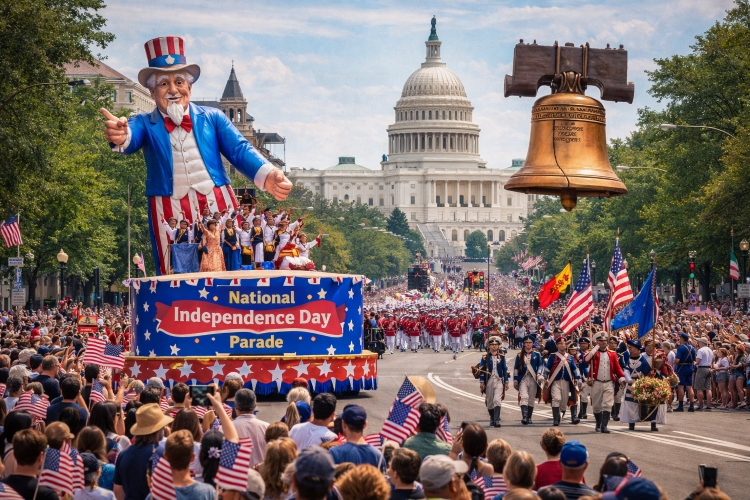 National Independence Day Parade in Washington DC with marching bands and flags during America 250 celebration