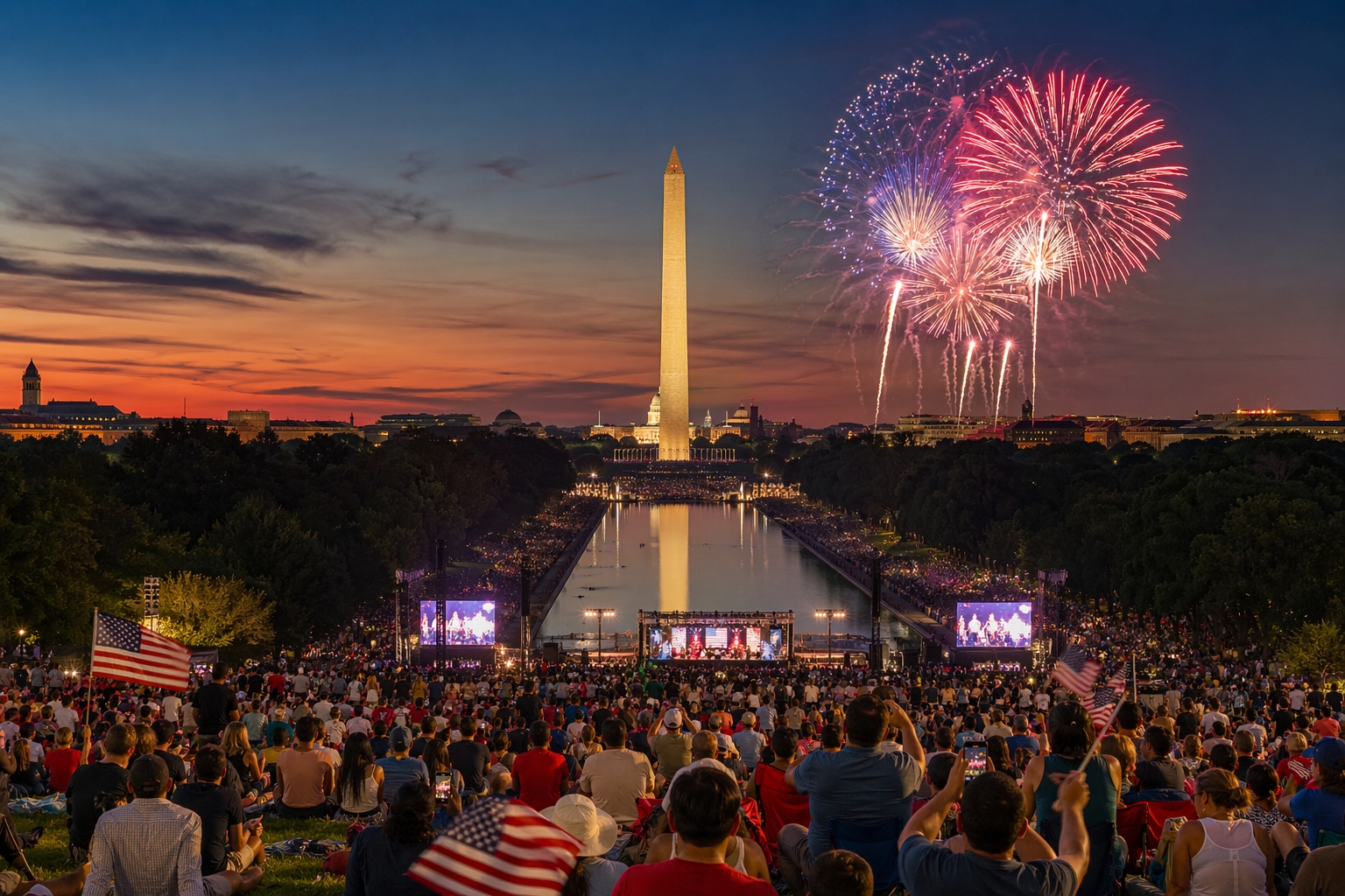 National Independence Day Parade in Washington DC with marching bands and flags during America 250 celebration