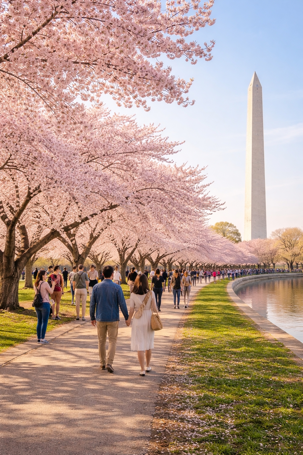 Visitors walking beneath cherry blossom trees near the National Mall in Washington DC during spring festival season