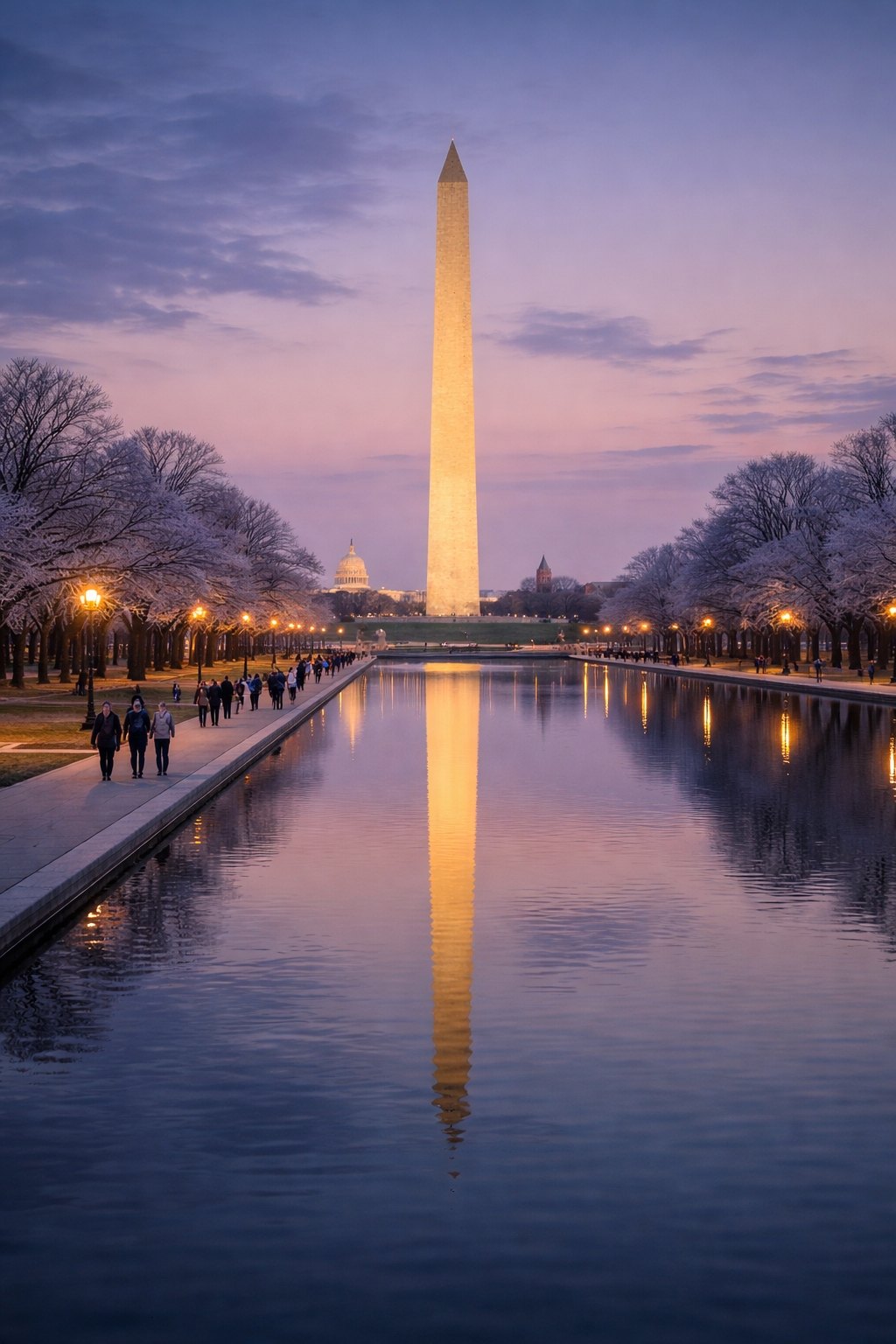 a body of water with a monument in the distance