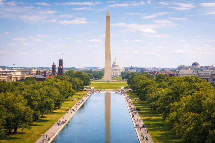The National Mall in Washington DC featuring the Washington Monument and surrounding memorials along America’s Front Yard.