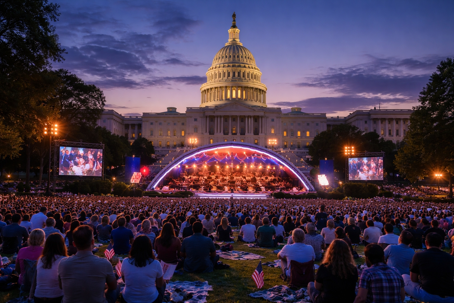 Patriotic outdoor concert scene near the U.S. Capitol in Washington DC during Memorial Day weekend, reflecting the atmosphere of the National Memorial Day Concert 2026