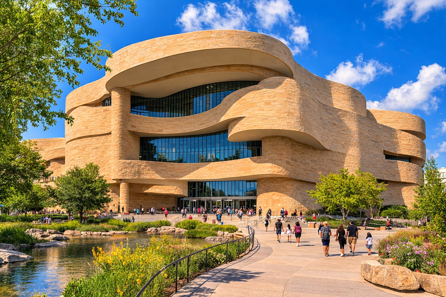 National Museum of the American Indian building on the National Mall in Washington DC with curved sandstone architecture and landscaped grounds.