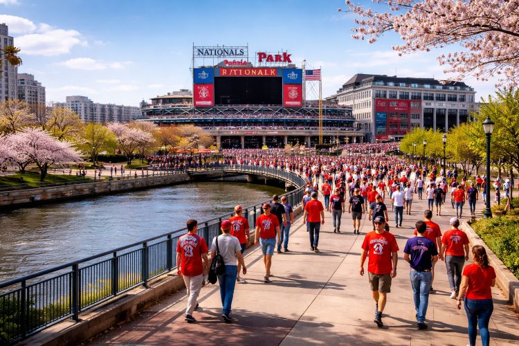 Fans walking toward Nationals Park along Capitol Riverfront before Washington Nationals game in Washington DC