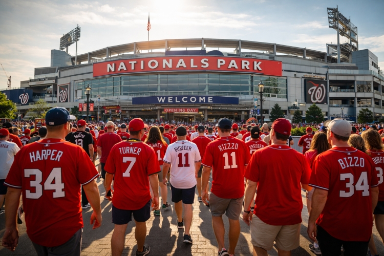 Fans walking into Nationals Park on Opening Day with stadium visible and bright spring weather in Washington DC