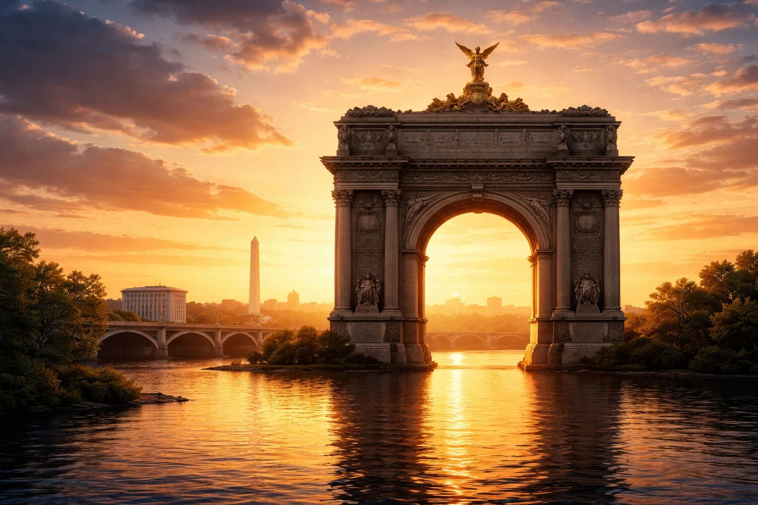 Illustration of a neoclassical arch silhouette over the Potomac River at sunset in Washington DC, symbolizing the proposed Independence Arch.