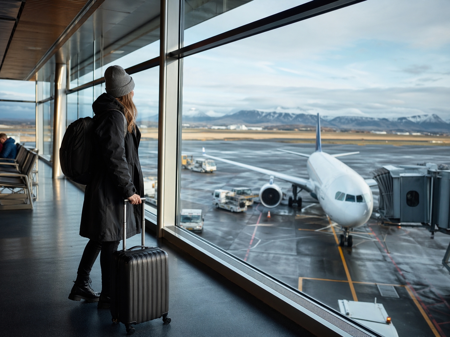 Traveler at Keflavik Airport preparing to board a new nonstop flight from Reykjavik to Washington DC