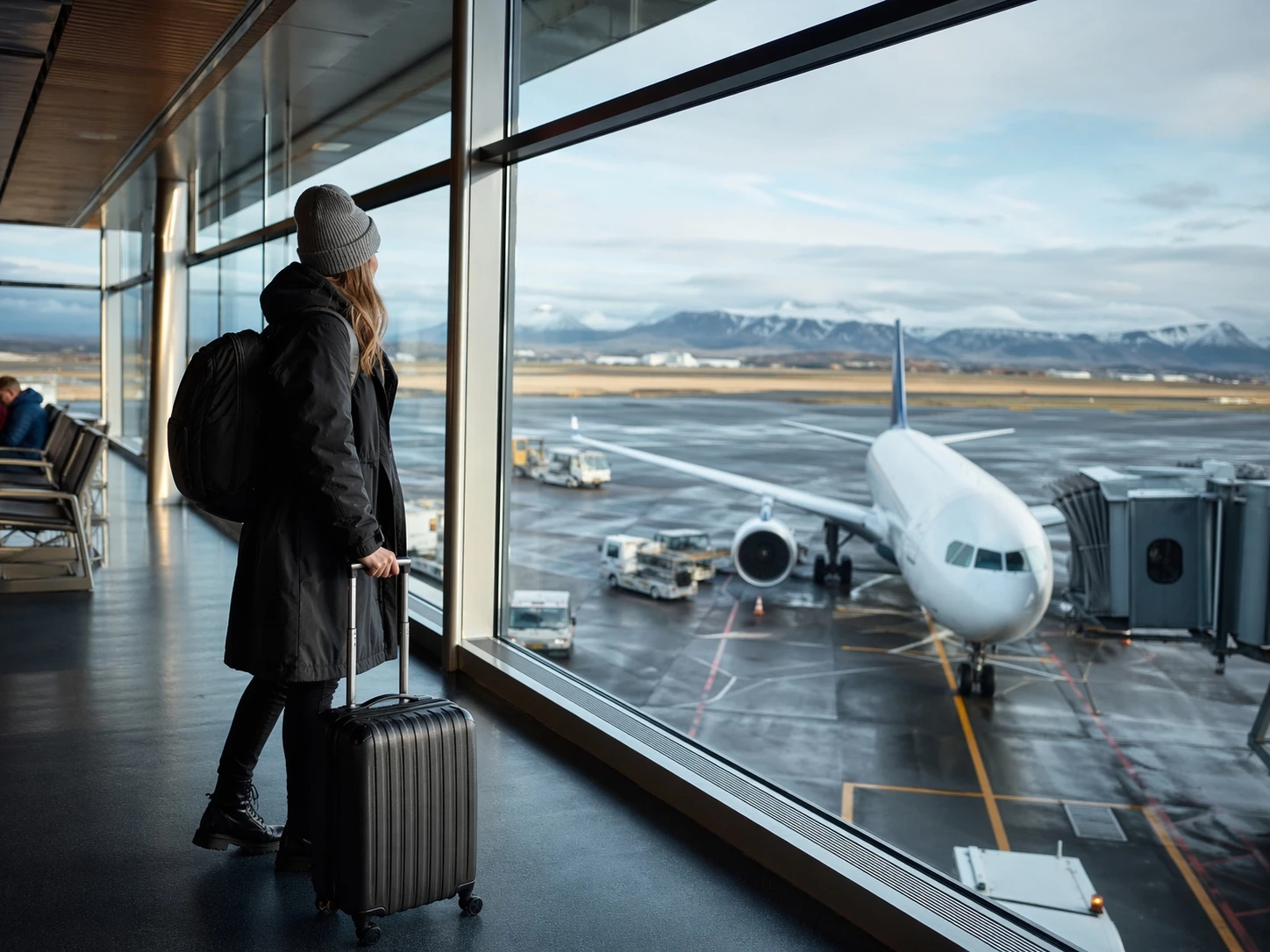 Traveler at Keflavik Airport preparing to board a new nonstop flight from Reykjavik to Washington DC