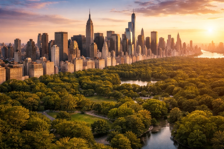 Central Park and the Manhattan skyline at sunset representing New York City travel experiences within a multi city East Coast itinerary.