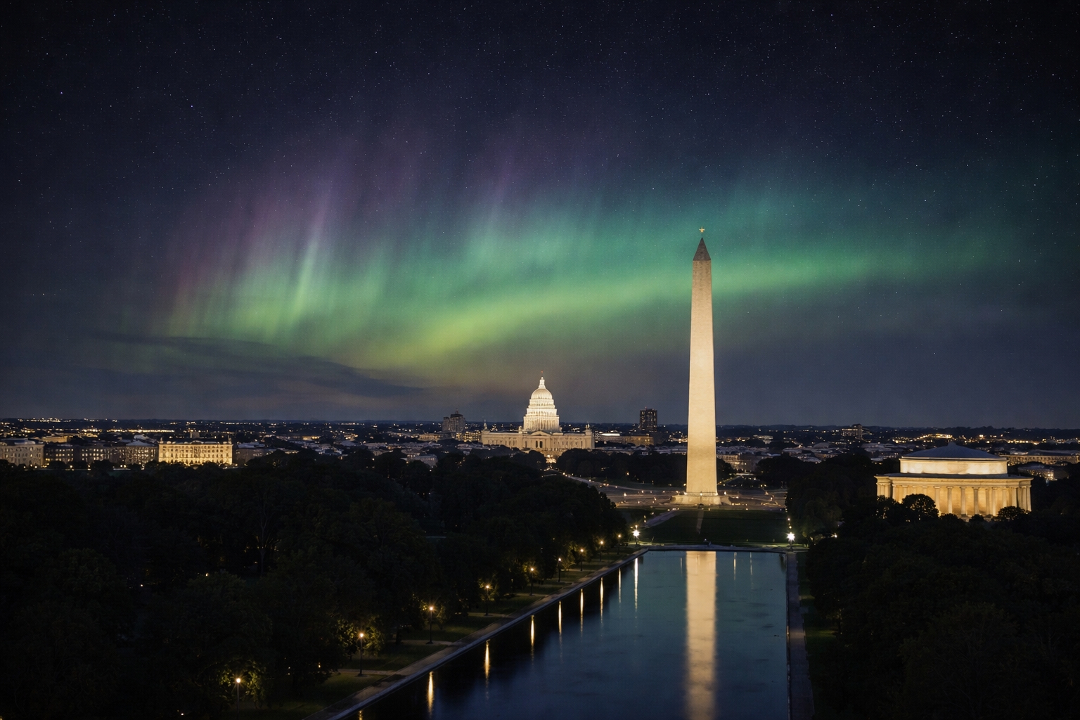 Northern lights over Washington DC showing faint aurora borealis above the National Mall skyline