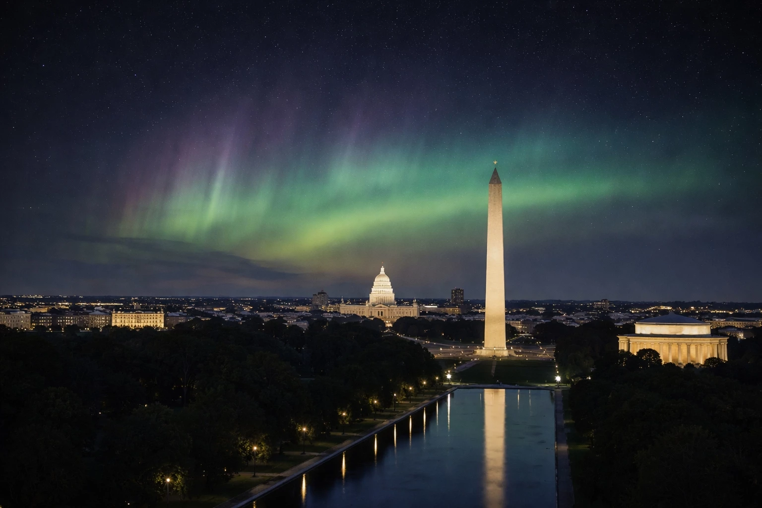 Northern lights over Washington DC showing faint aurora borealis above the National Mall skyline