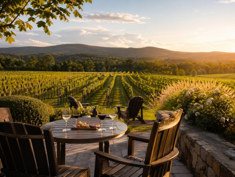 Northern Virginia vineyard patio and mountain views on a wine country day trip from Washington DC