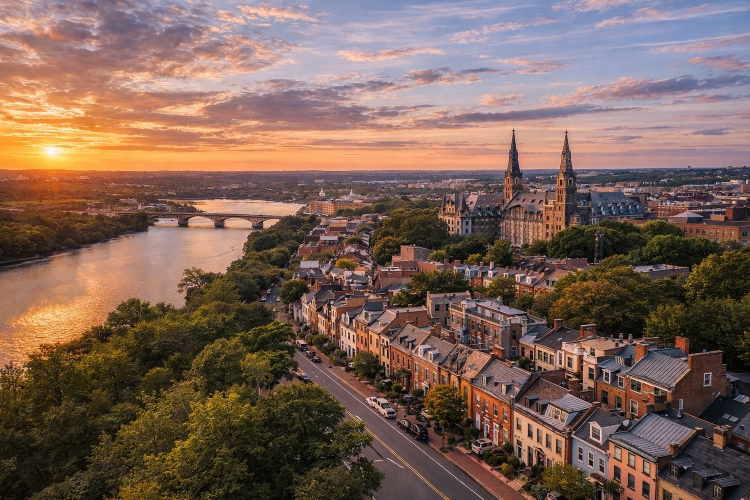 Aerial view of Northwest Washington DC including Georgetown rowhouses, the Potomac River waterfront, and historic neighborhoods that define the city’s largest quadrant.