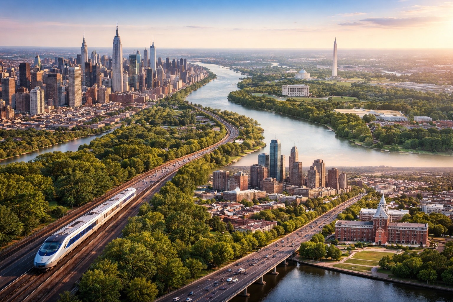 Aerial skyline view showing New York City, Philadelphia and Washington DC connected along the East Coast travel corridor, illustrating a multi city itinerary between the three historic destinations.