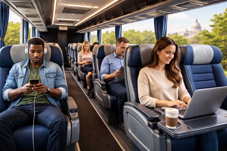 Interior of a modern coach bus with reclining seats WiFi and power outlets on a New York to Washington DC route