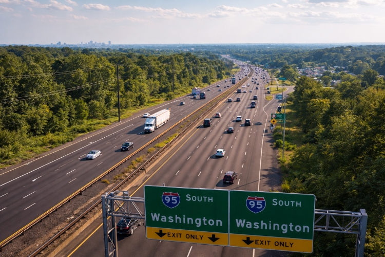 Interstate 95 highway connecting New York City and Washington DC with vehicles traveling along the East Coast corridor.