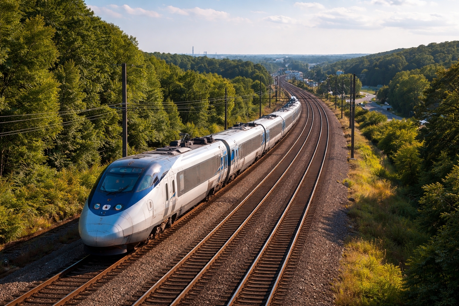High-speed train traveling between New York City and Washington DC on the Northeast Corridor rail line.