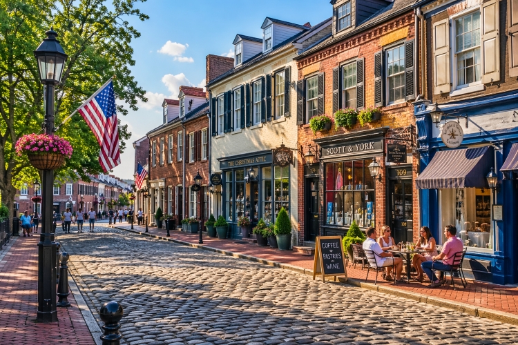 Cobblestone street and historic storefronts in Old Town Alexandria near Washington DC