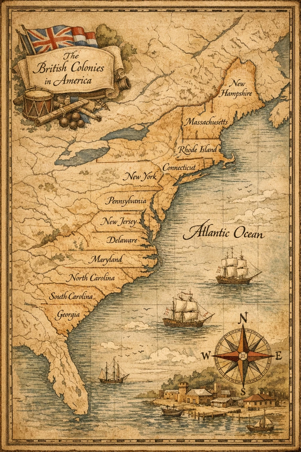 Historic map showing the thirteen original colonies in North America before the American Revolution and the formation of the United States of America