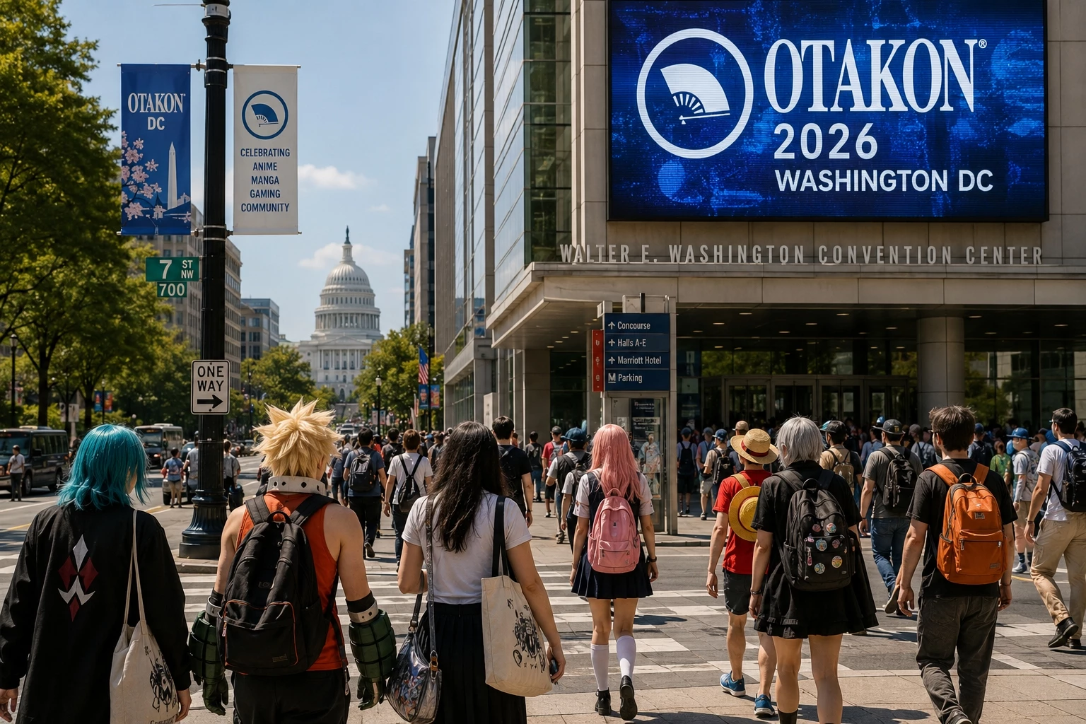Anime convention attendees walking in downtown Washington DC for Otakon 2026 near the convention center