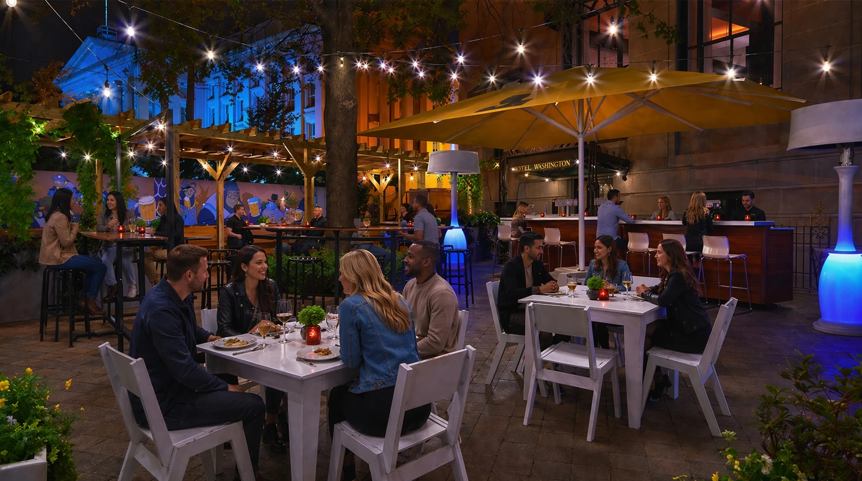 Outdoor dining in Washington DC at a stylish patio near the White House with cocktails, greenery, and elegant al fresco seating
