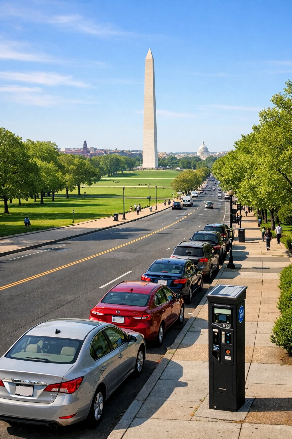 Cars parallel parked along Constitution Avenue near the National Mall with the Washington Monument in the background.