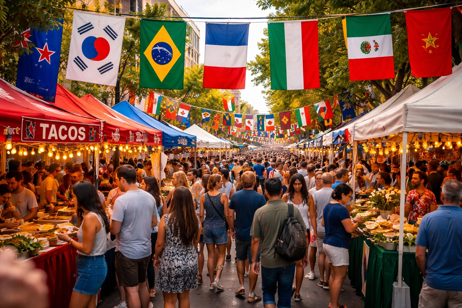 Passport DC festival atmosphere in Washington DC in May 2026 with international flags, crowds, and cultural food and music experiences.