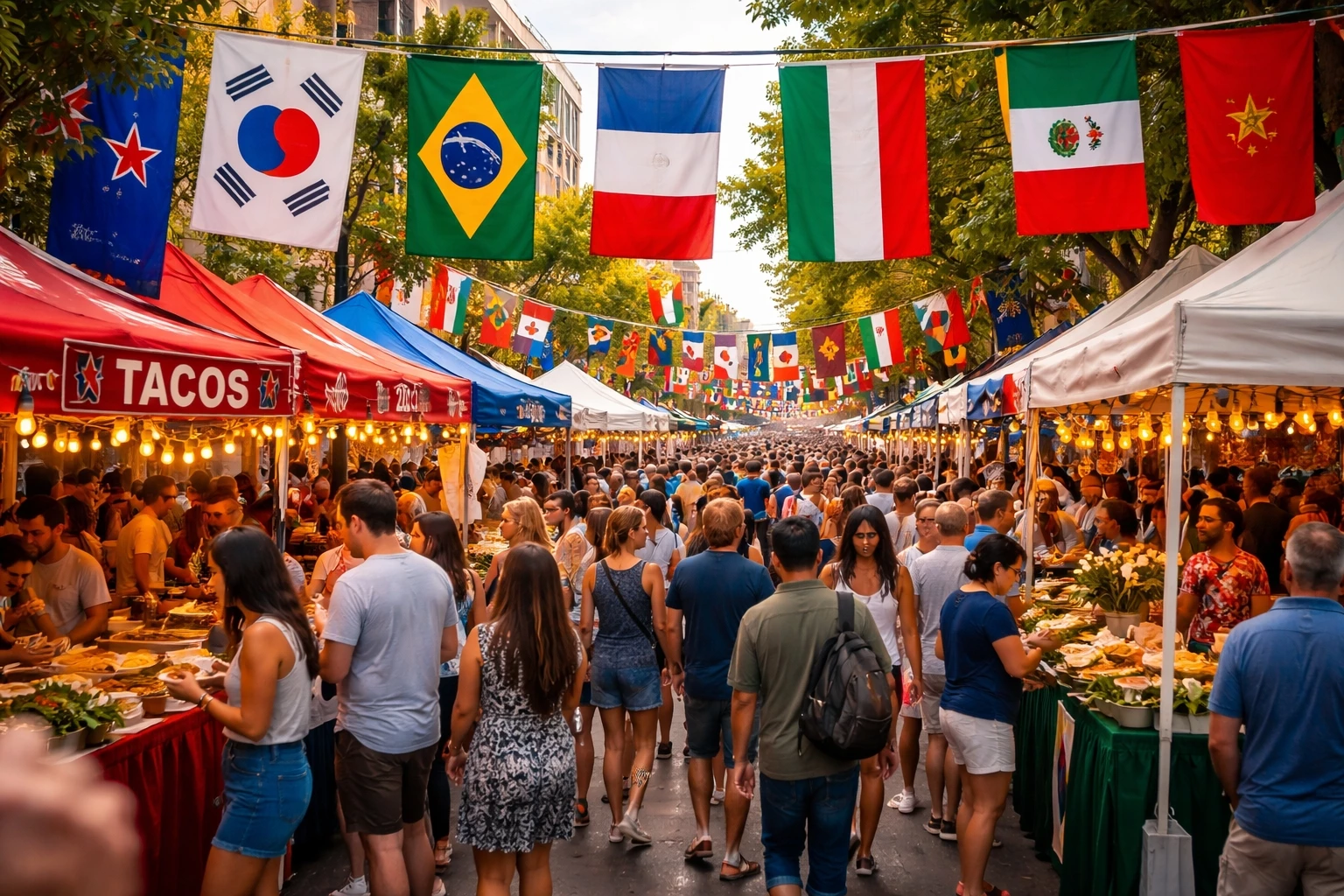 Passport DC festival atmosphere in Washington DC in May 2026 with international flags, crowds, and cultural food and music experiences.