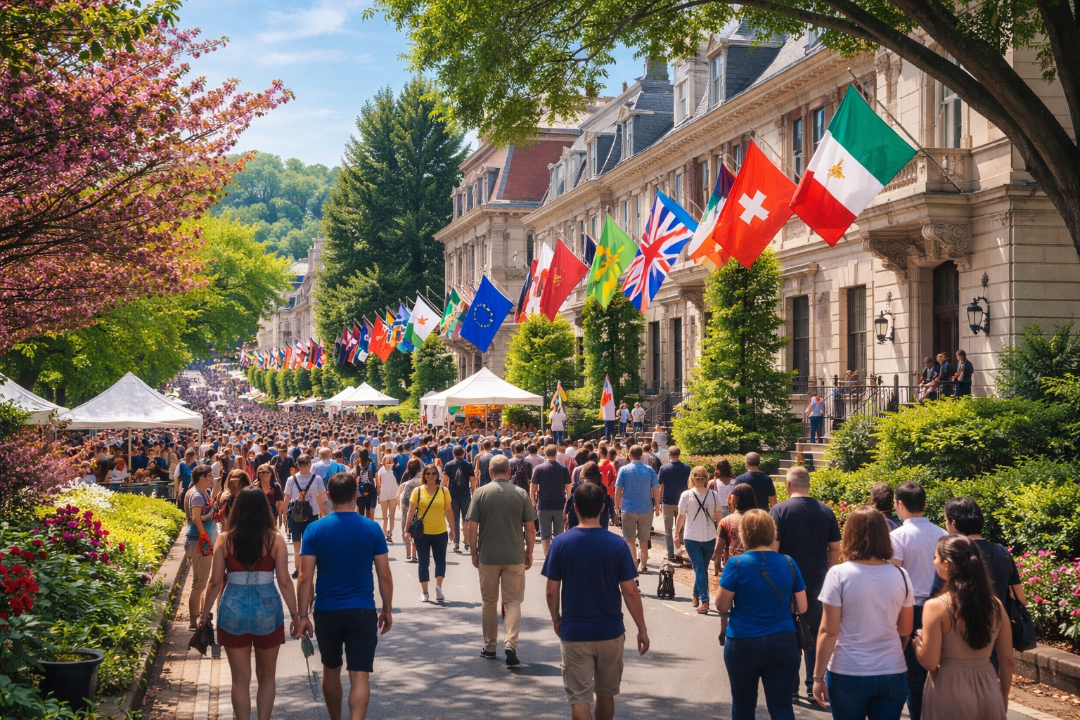 Visitors entering an embassy during the Around the World Embassy Tour with cultural performances and international food displays