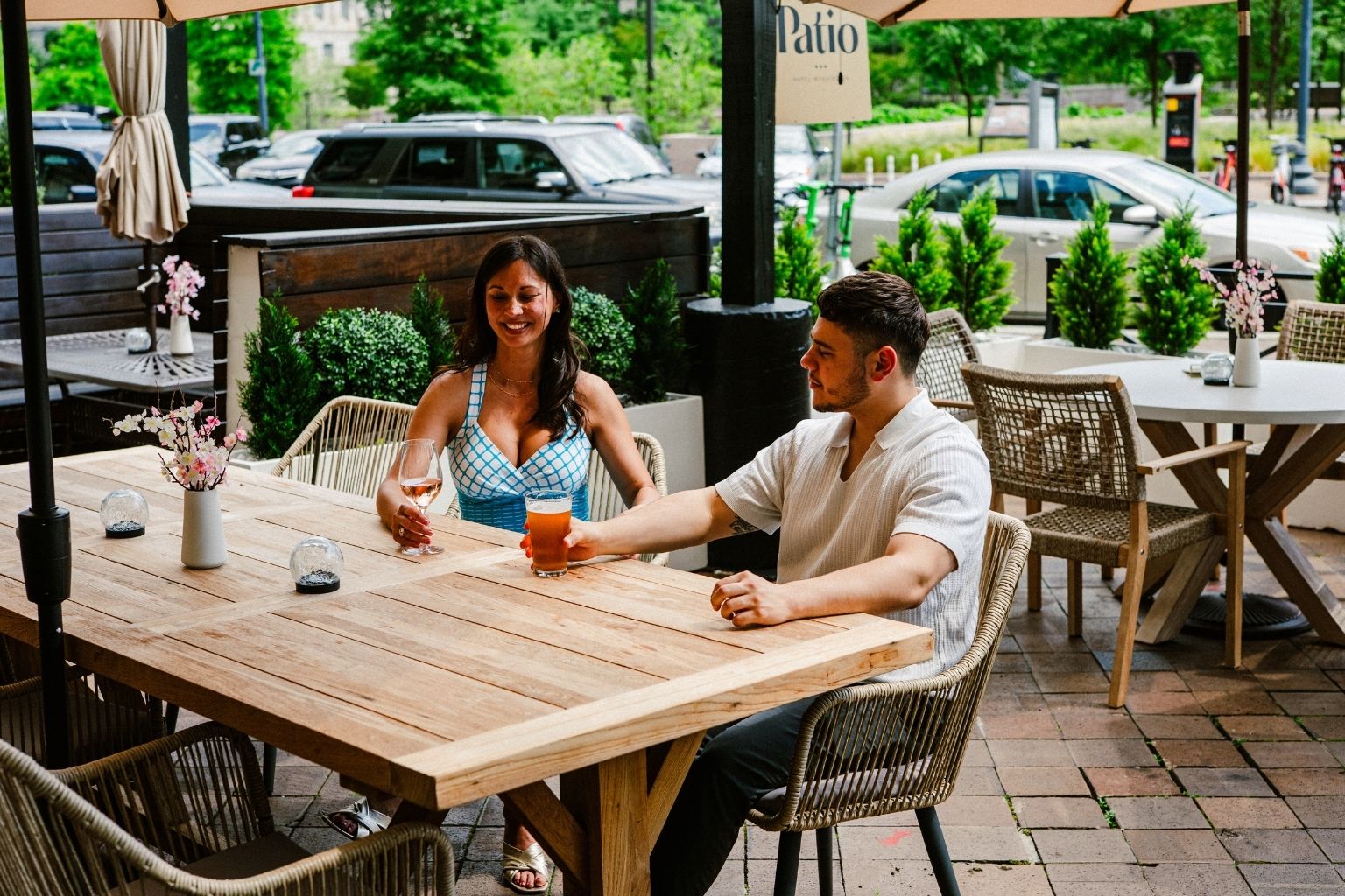 a man and woman sitting at a table