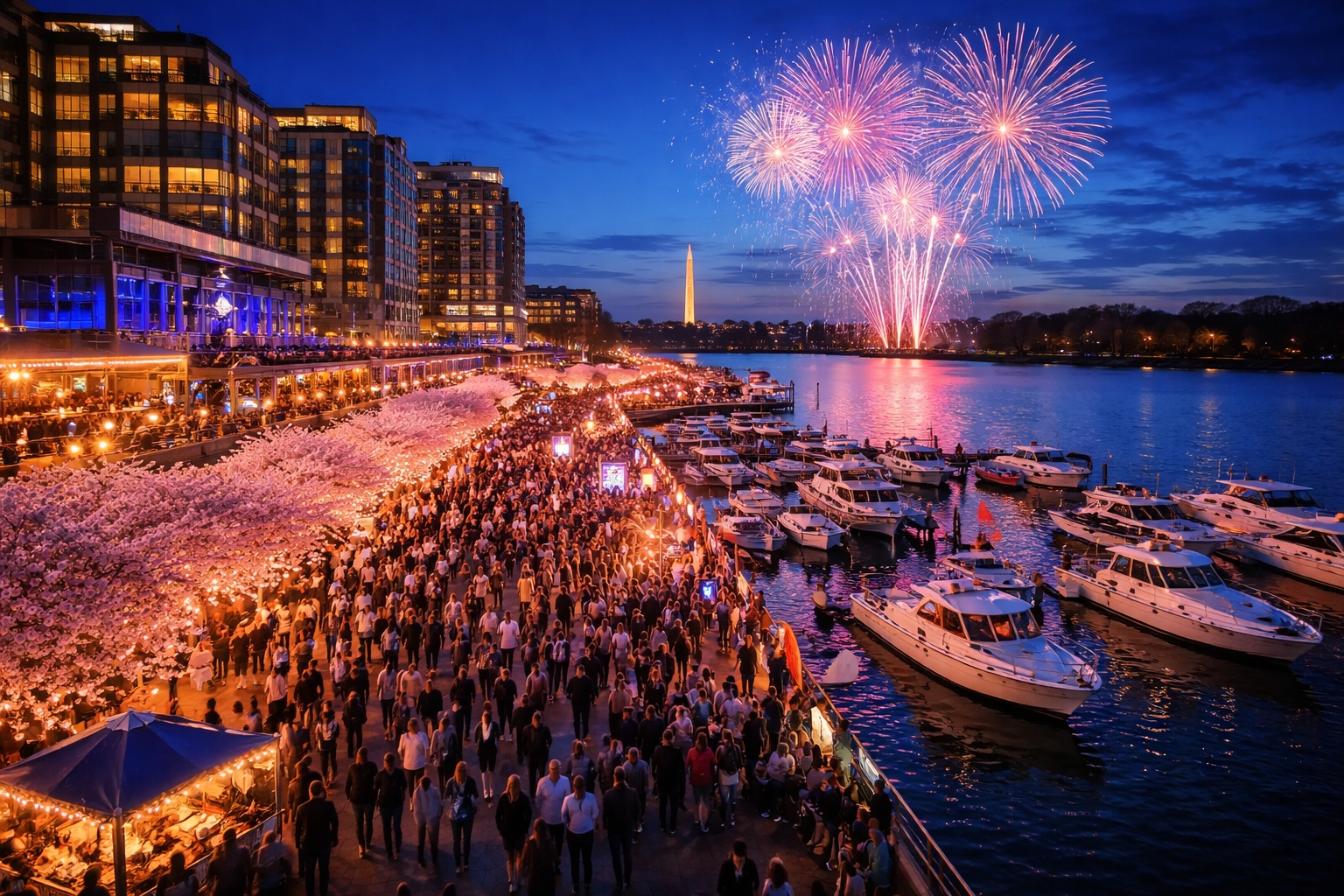 Petalpalooza waterfront festival in Washington DC during cherry blossom season with crowds gathered along the Wharf and fireworks over the Potomac River.