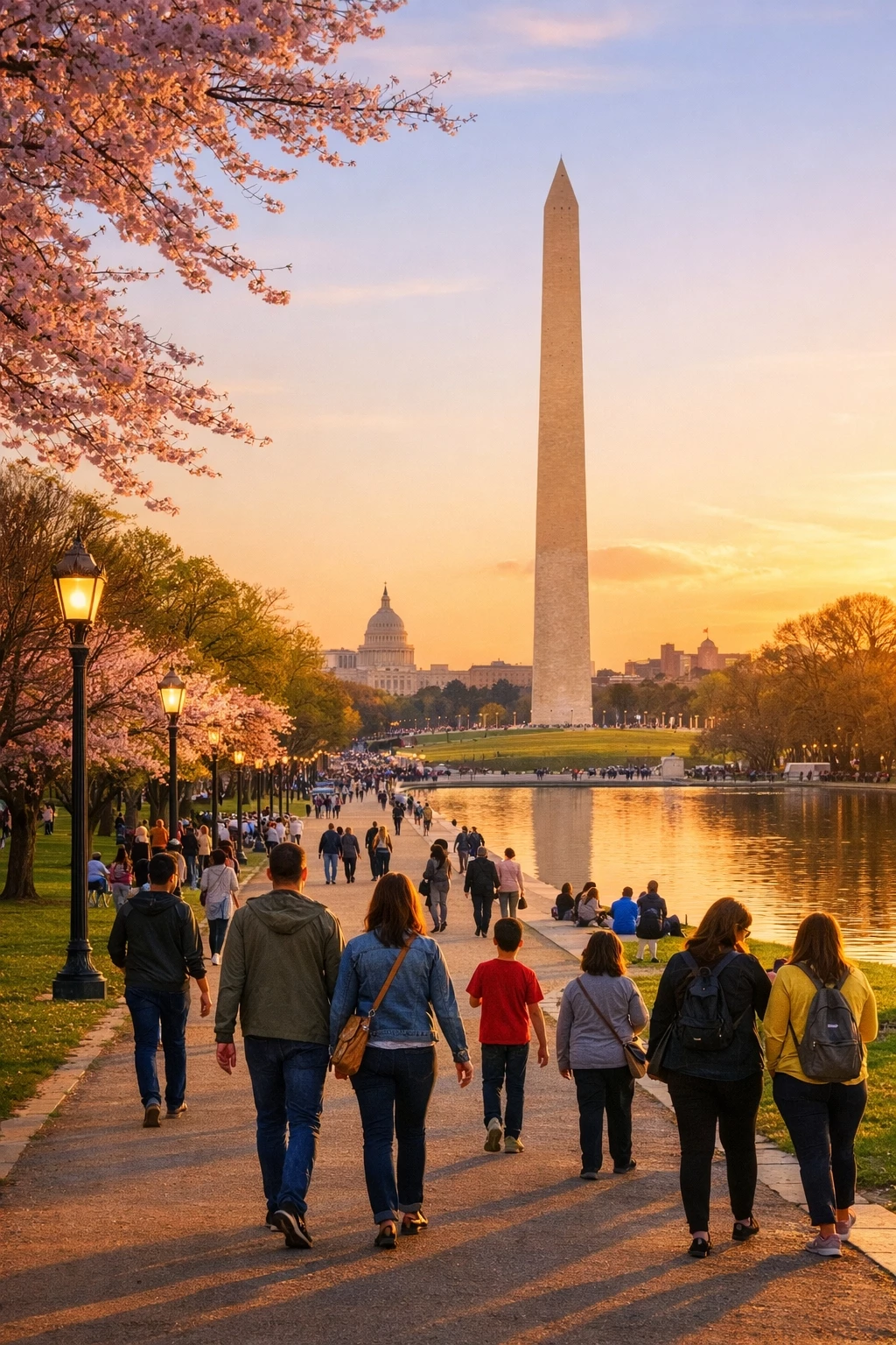 Visitors walking along the National Mall in Washington DC during spring near the Washington Monument, representing Pi Day activities and educational attractions in the nation’s capital.