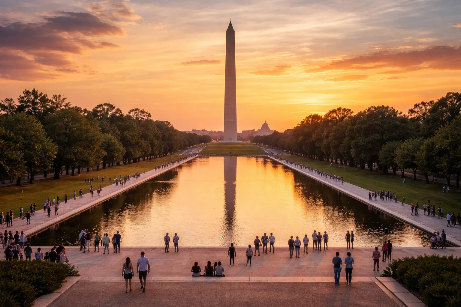 Washington DC National Mall with Washington Monument and Lincoln Memorial at sunset showing top places to visit in Washington DC