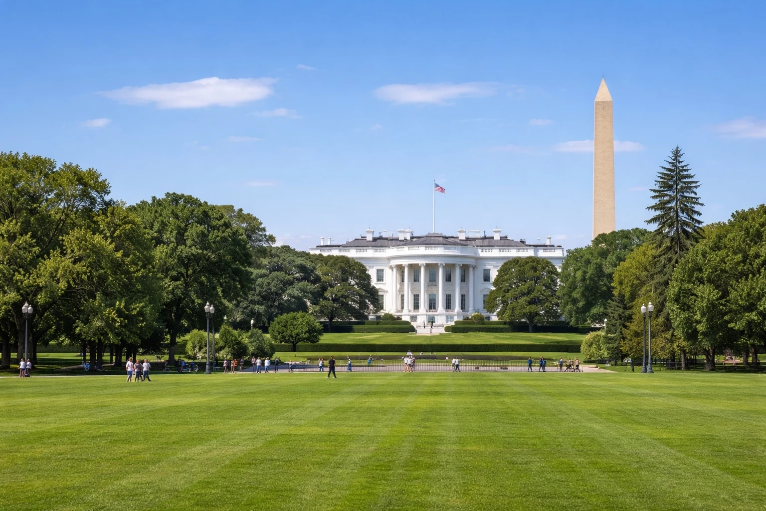 The Ellipse lawn at Presidents Park with views toward the White House and Washington Monument in Washington DC