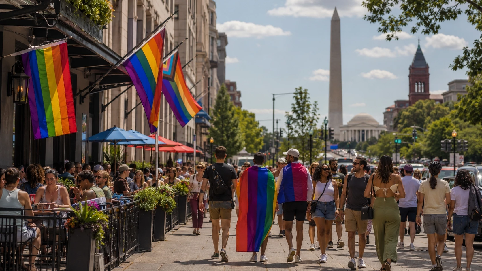 Pride Weekend in Washington DC with rainbow flags, sidewalk dining, and visitors exploring near the White House