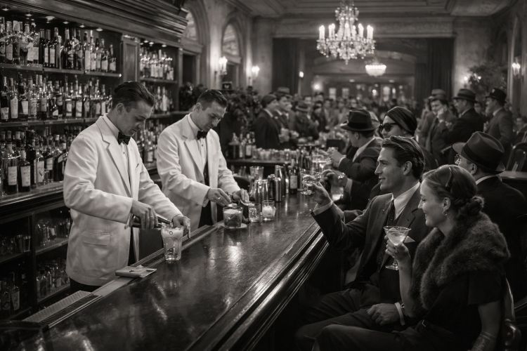 1933 hotel bar reopening after Prohibition repeal with bartenders serving Gin Rickey and Old Fashioned cocktails in an elegant Washington DC lounge