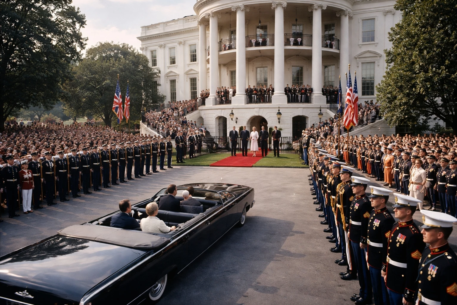 1957 Queen Elizabeth state visit arrival at the White House with honor guard and presidential welcome ceremony