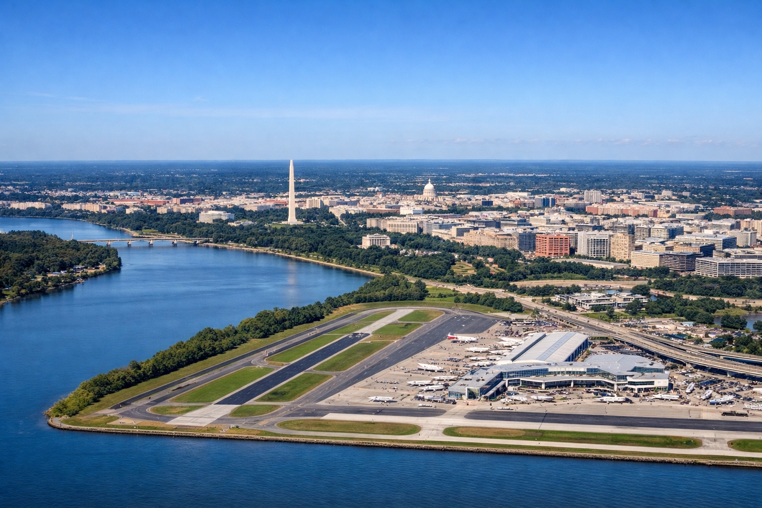 Aerial view of Ronald Reagan Washington National Airport near downtown Washington DC, showing the short distance between the airport and the White House area.