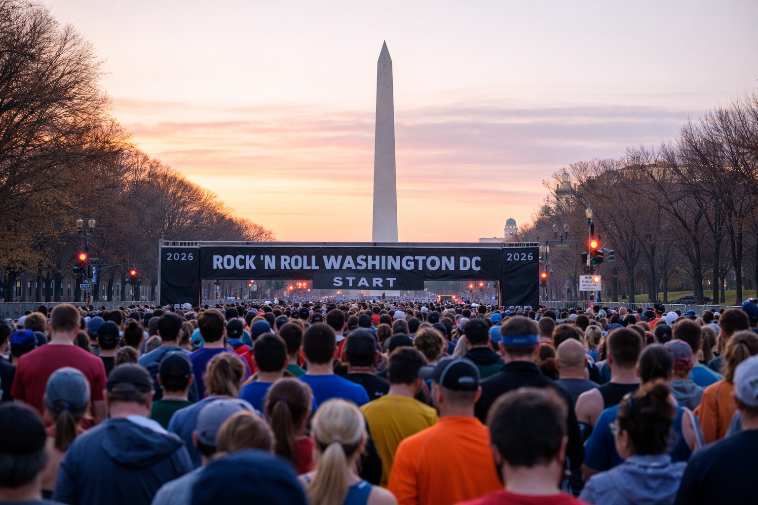 Runners at the Rock ’n’ Roll Washington DC 2026 half marathon start line on Constitution Avenue near the Washington Monument